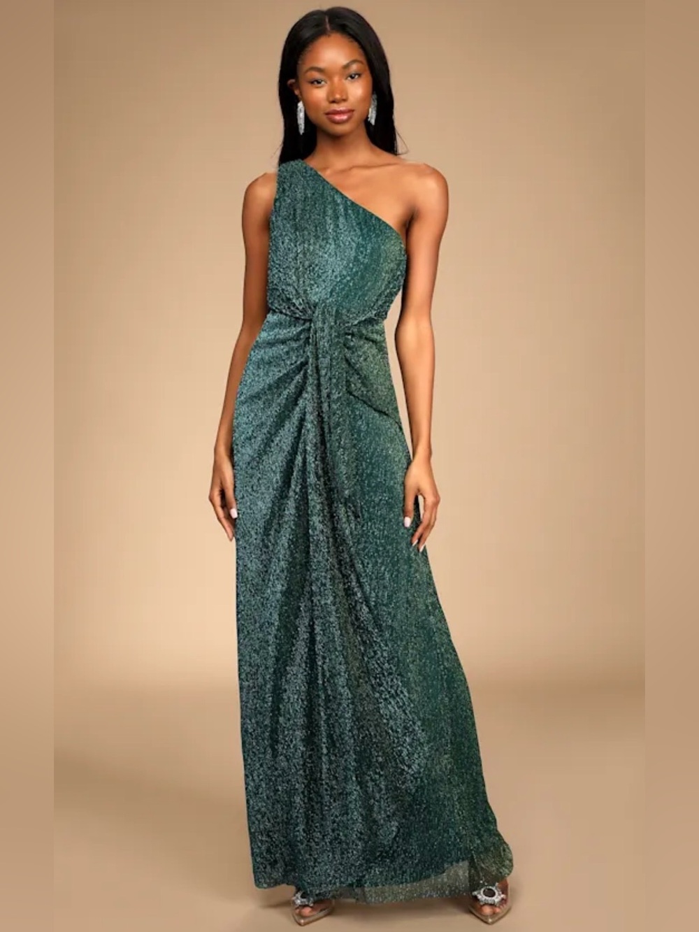 Lulus Glamorous Glitz Shiny Teal Green One-Shoulder Maxi Dress XS NWT